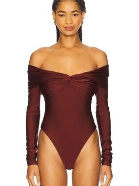 The Andamane The Kendall Off-Shoulder Long Sleeve Bodysuit in Deep Burgundy